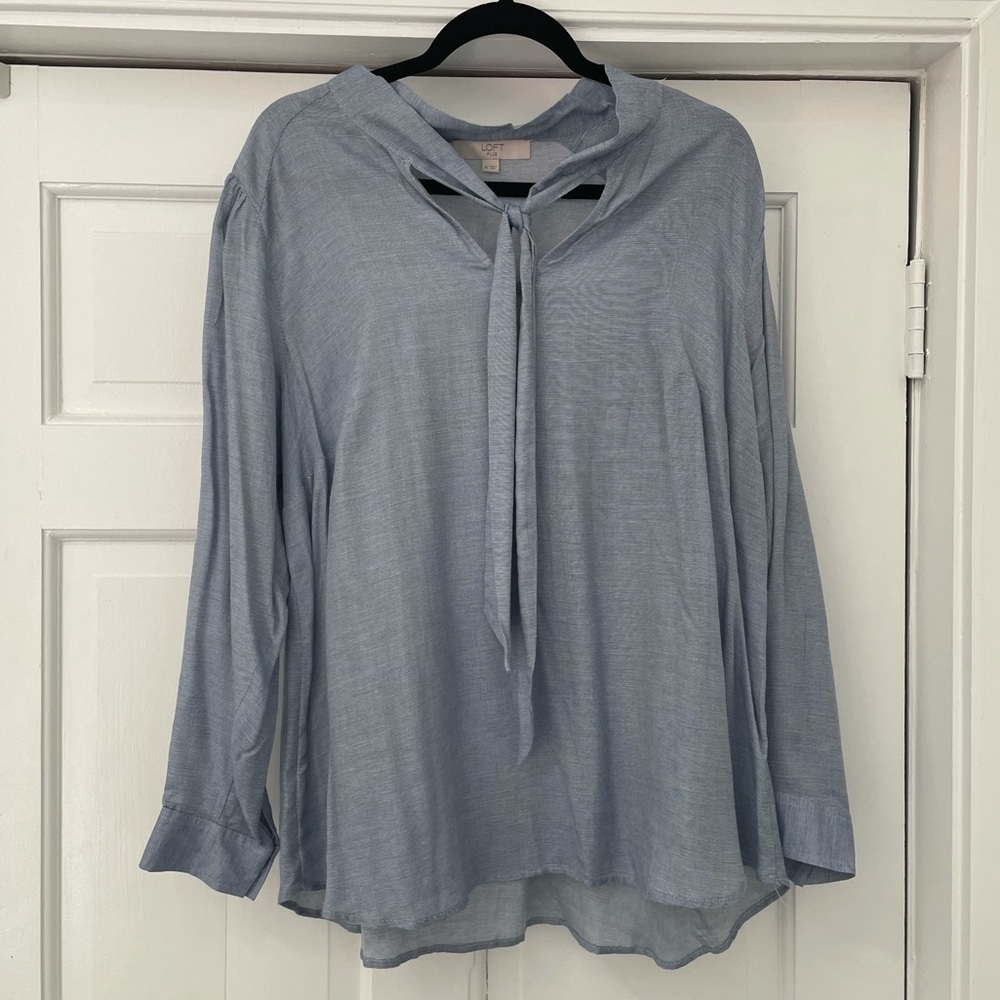 LOFT Light Blue Tie-Neck Blouse